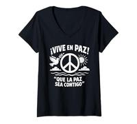 Femme Vive en Paz Panneau de Paix Espagnol Colombe Soleil Vagues Citation Positive T-Shirt avec Col en V