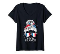 Femme Vive La France Bastille Day French Flag Messy Chignon Femme T-Shirt avec Col en V
