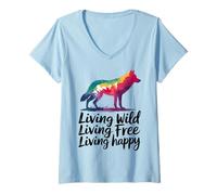 Femme Vivre à l'état sauvage Vivre en toute liberté Loup heureux T-Shirt avec Col en V