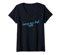 Femme Vivre ma Meilleure Vie Script d'affirmation Positive T-Shirt avec Col en V
