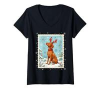 Femme Vizsla Vixen Bois de Renne Rétro Vacances d'hiver T-Shirt avec Col en V