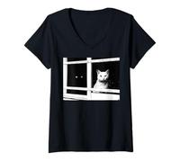Femme Voici Nous. Deux Chats, Une fenêtre. Une Paire Parfaite. T-Shirt avec Col en V