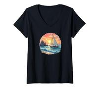 Femme Voilier Coucher de Soleil Sérénité - Design Aventure Océan Côtier T-Shirt avec Col en V