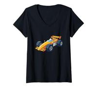 Femme Voiture de Course en Style Cartoon Illustration T-Shirt avec Col en V