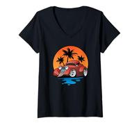 Femme Voiture Hotrod années Trente avec Palmiers et Coucher de Soleil Dessin animé T-Shirt avec Col en V