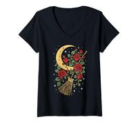 Femme Vol Mystique botanique Lunaire en Forme de Balai enchanté T-Shirt avec Col en V
