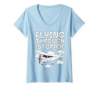 Femme Voler à travers la 1re année, avion, premier jour d'école T-Shirt avec Col en V