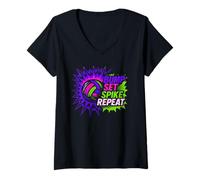 Femme Volleyball Retro Comic Art pour Filles Bump Set Spike Repeat T-Shirt avec Col en V