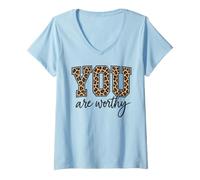 Femme Vous êtes Digne de Leopard Girl Empowerment T-Shirt avec Col en V