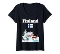 Femme Voyage d'hiver finlandais Renne enneigé Drapeau de la Finlande Souvenir T-Shirt avec Col en V