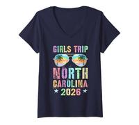 Femme Voyage en Caroline du Nord 2026 pour Filles, Vacances, Natation, Vacances T-Shirt avec Col en V