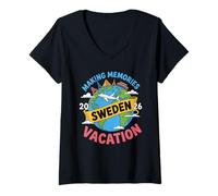 Femme Voyage en Famille 2026 Suède Vacation Making Memories T-Shirt avec Col en V