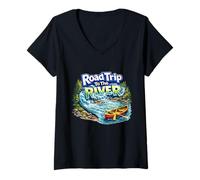 Femme Voyage en Voiture vers la rivière T-Shirt avec Col en V