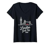 Femme Voyage Vintage pour Filles à Londres, Royaume-Uni, 2026, Voyage pour Enfants, Vacances en Famille T-Shirt avec Col en V