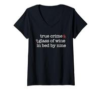 Femme Vrai Crime Glass of Wine in Bed by Nine Fan Funny Meme T-Shirt avec Col en V