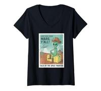 Femme Vœux d'un Cowboy Extraterrestre venant de Mars Space UFO Retro Western T-Shirt avec Col en V