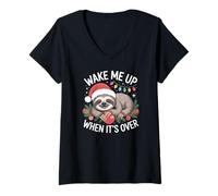 Femme Wake me up When It's Over, Mignon Paresseux Noël Sarcastique T-Shirt avec Col en V