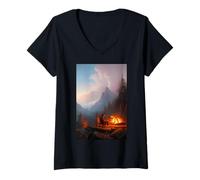 Femme Wanderlust : Une Nuit Confortable au Coin du feu de Camp, œuvre d'art numérique basée sur l'IA T-Shirt avec Col en V