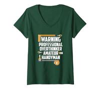 Femme Warning Professional OVERTHINKER Amateur Handyman T-Shirt avec Col en V, Vert Forêt, M