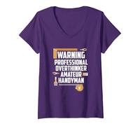 Femme Warning Professional OVERTHINKER Amateur Handyman T-Shirt avec Col en V, Violet, M