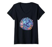 Femme Watercolor Dragon Flowers Beautiful Art Colorful Graphic T-Shirt avec Col en V