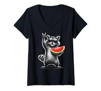 Femme Watermelon Raccoon Rock on Summer Vibe Men Women Kids T-Shirt avec Col en V