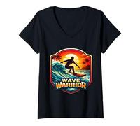 Femme Wave Warrior Planche de Surf avec Citation de Surfeur T-Shirt avec Col en V