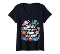 Femme We are Different But in This School We All Swim Together T-Shirt avec Col en V