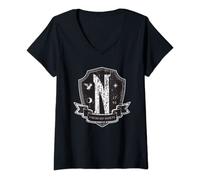 Femme Wednesday Series Nevermore Logo vieilli T-Shirt avec Col en V