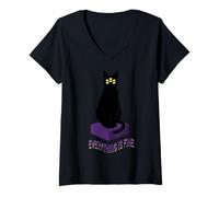 Femme Weirdcore Chat aux Yeux Multiples Surréaliste Tout est Bien T-Shirt avec Col en V
