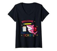 Femme Welcome Back to School Happy Fish Cute Shark Pink T-Shirt avec Col en V