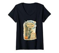 Femme Welcome to The Bookstore Spooky Skeleton Halloween T-Shirt avec Col en V