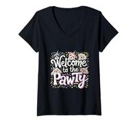 Femme Welcome To The Pawty Amateur d'animaux ------- T-Shirt avec Col en V