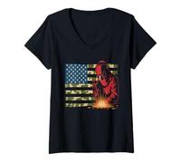 Femme Welder T-Shirt Motif Drapeau américain Motif Camouflage T-Shirt avec Col en V