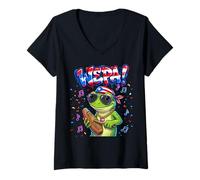 Femme Wepa Coqui Frog Puerto Rico Flag Güiro Music T-Shirt avec Col en V