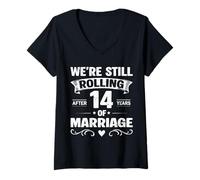 Femme We're Still Rolling After 14 Years Marriage 14th Anniversary T-Shirt avec Col en V