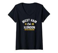 Femme West Ham East London Royaume-Uni Est. 1086 Blanc et Or T-Shirt avec Col en V