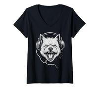 Femme West Highland White Terrier avec casque DJ Music Dog T-Shirt avec Col en V