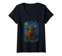 Femme Western Starry Night Cowboy Rodéo Bull T-Shirt avec Col en V