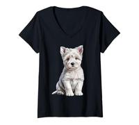 Femme Westie Puppy Sketch Dessin Art Amoureux des Chiens T-Shirt avec Col en V