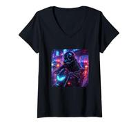 Femme Whale Cyberpunk Rider Moto Biker Synthwave T-Shirt avec Col en V