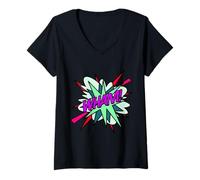 Femme Wham Bande dessinée Pop Art Fun Super-héros Vert Violet T-Shirt avec Col en V