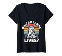 Femme What Am I Doing with My Lives Sarcastic Cat Puns - T-Shirt avec Col en V