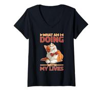Femme What Am I Doing with My Lives Sarcastic Cat Puns T-Shirt avec Col en V