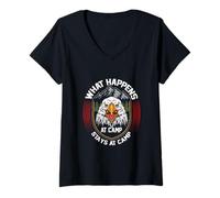 Femme What Happens At Camp Stays At Camp Eagle Camping Camper T-Shirt avec Col en V