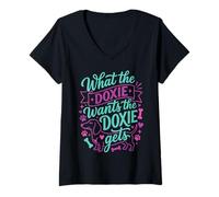 Femme What The Doxie Wants Funny Teckel Dog Mom Dad T-Shirt avec Col en V