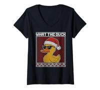 Femme What The Duck Ugly Pull, Lunettes de Soleil Canard de Noël T-Shirt avec Col en V