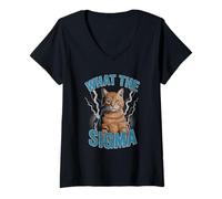Femme What The Sigma Meme Cat Lightning Viral Power Energy T-Shirt avec Col en V