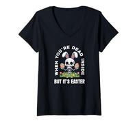Femme When You're Dead Inside But It's Easter Squelette Bunny T-Shirt avec Col en V