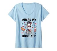 Femme Where My Dogs At Hotdog Patriotic Hot Dogs American USA Flag T-Shirt avec Col en V